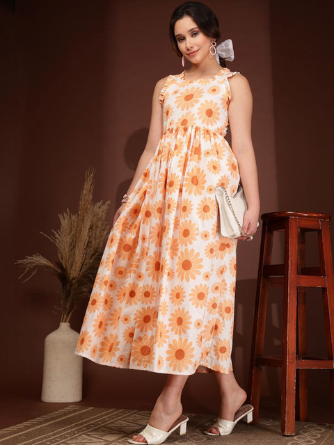 DAEVISH Floral Printed Fit & Flare Midi Dress