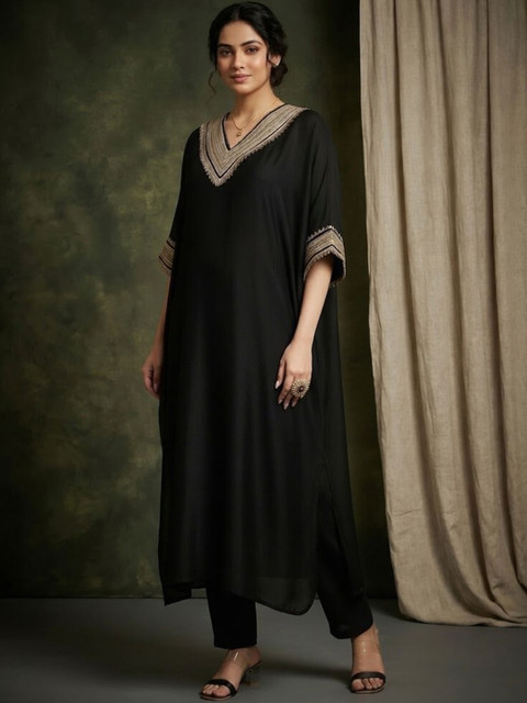 Sangria Embroidered V-Neck Kurta & Trousers - Image 7
