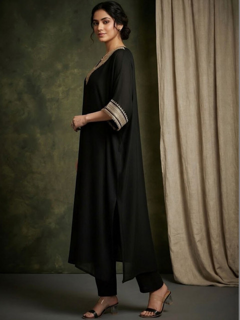 Sangria Embroidered V-Neck Kurta & Trousers - Image 2