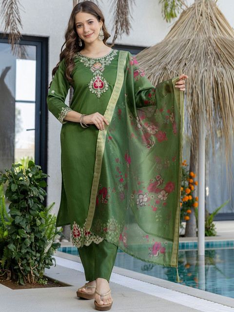 all about you Women Embroidered Regular Chanderi Silk Kurta with Trousers & With Dupatta