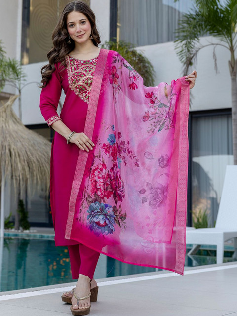 all about you Women Embroidered Regular Chanderi Silk Kurta with Trousers & With Dupatta