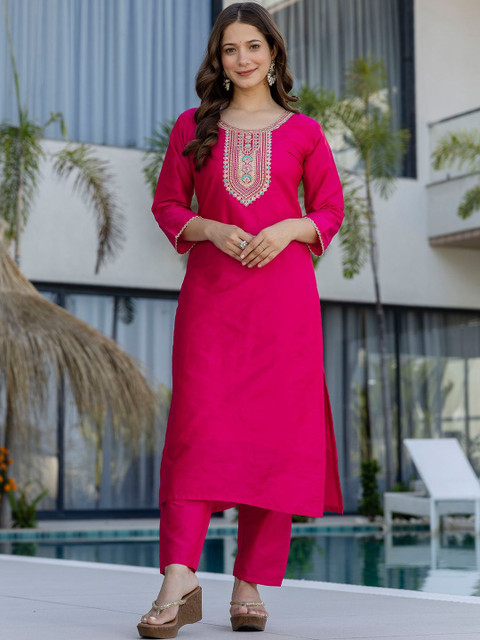all about you Women Embroidered Regular Chanderi Cotton Kurta with Trousers & With Dupatta - Image 5