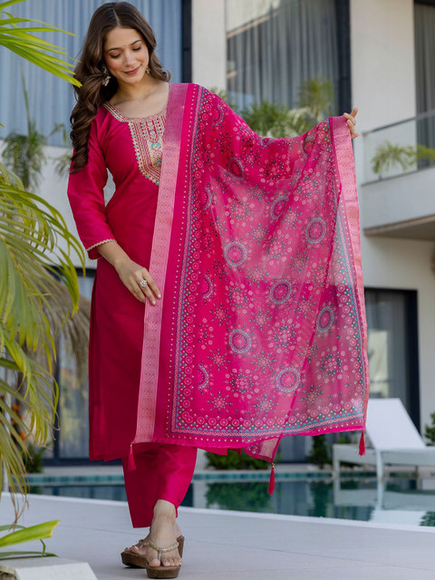 all about you Women Embroidered Regular Chanderi Cotton Kurta with Trousers & With Dupatta - Image 7