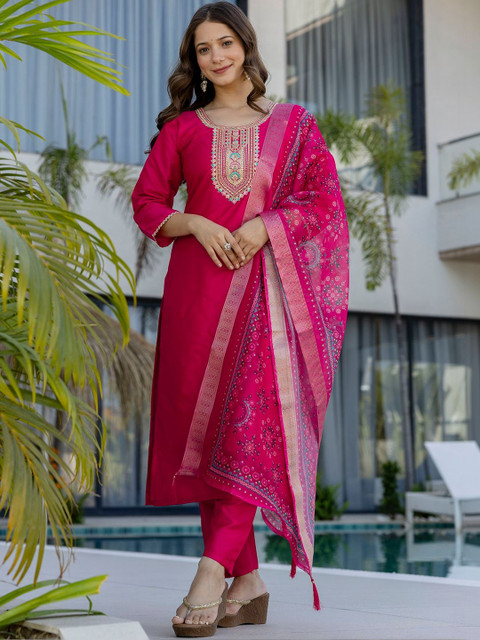 all about you Women Embroidered Regular Chanderi Cotton Kurta with Trousers & With Dupatta - Image 2