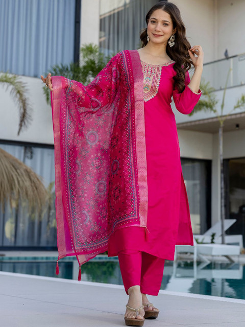 all about you Women Embroidered Regular Chanderi Cotton Kurta with Trousers & With Dupatta