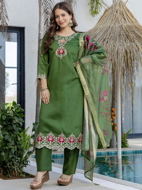 all about you Women Embroidered Regular Chanderi Silk Kurta with Trousers & With Dupatta - Image 3