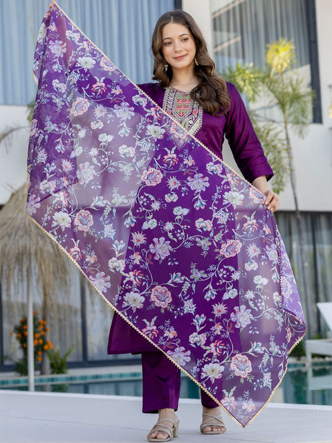 all about you Women Embroidered Regular Chanderi Cotton Kurta with Trousers & With Dupatta - Image 7