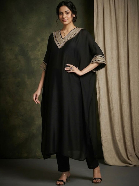 Sangria Embroidered V-Neck Kurta & Trousers