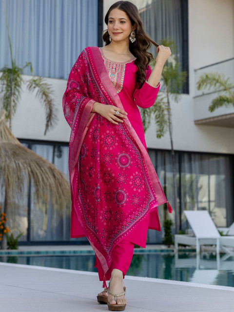 all about you Women Embroidered Regular Chanderi Cotton Kurta with Trousers & With Dupatta - Image 3
