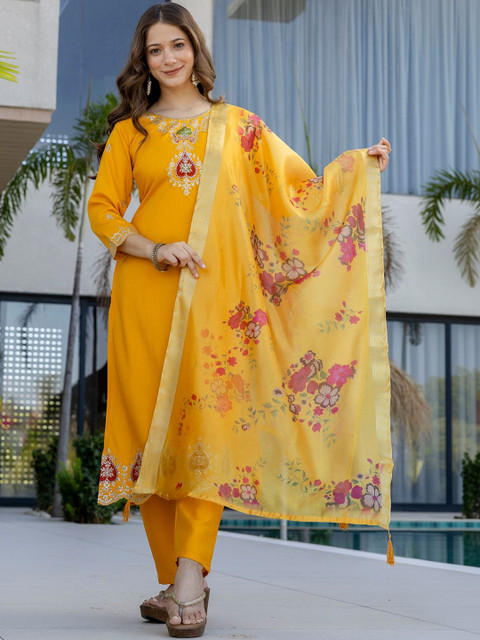 all about you Women Embroidered Regular Chanderi Silk Kurta with Trousers & With Dupatta