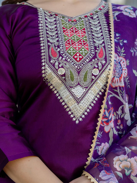all about you Women Embroidered Regular Chanderi Cotton Kurta with Trousers & With Dupatta - Image 4