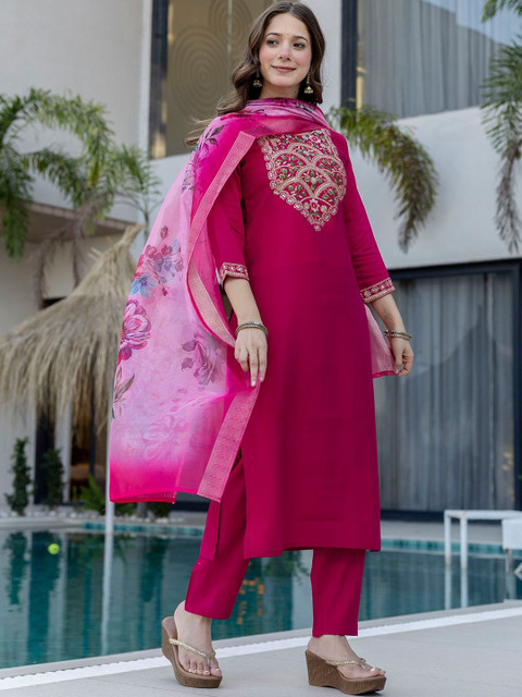 all about you Women Embroidered Regular Chanderi Silk Kurta with Trousers & With Dupatta - Image 7
