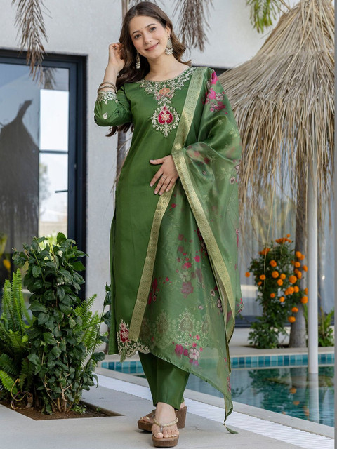 all about you Women Embroidered Regular Chanderi Silk Kurta with Trousers & With Dupatta - Image 2