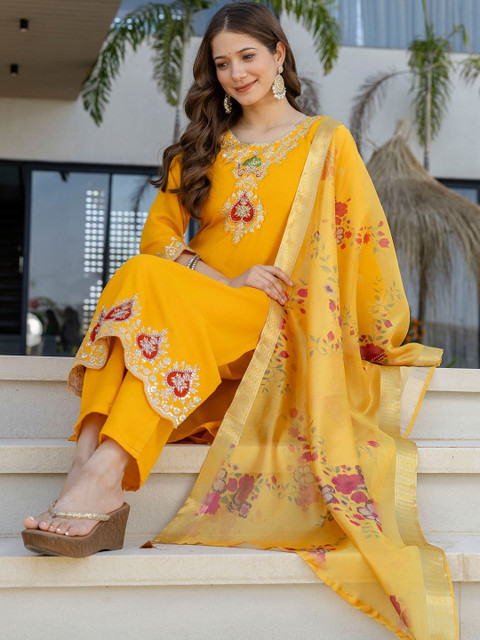 all about you Women Embroidered Regular Chanderi Silk Kurta with Trousers & With Dupatta - Image 5
