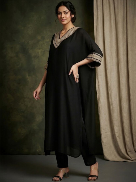 Sangria Embroidered V-Neck Kurta & Trousers - Image 5