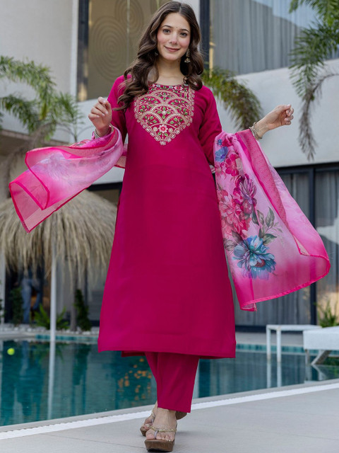 all about you Women Embroidered Regular Chanderi Silk Kurta with Trousers & With Dupatta - Image 5