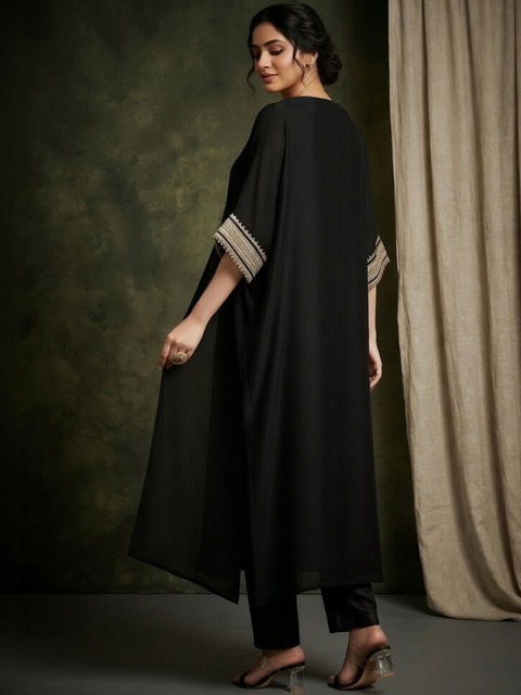 Sangria Embroidered V-Neck Kurta & Trousers - Image 4