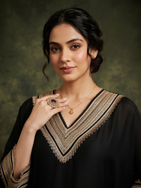 Sangria Embroidered V-Neck Kurta & Trousers - Image 6