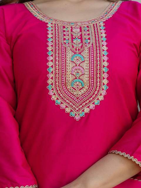 all about you Women Embroidered Regular Chanderi Cotton Kurta with Trousers & With Dupatta - Image 4