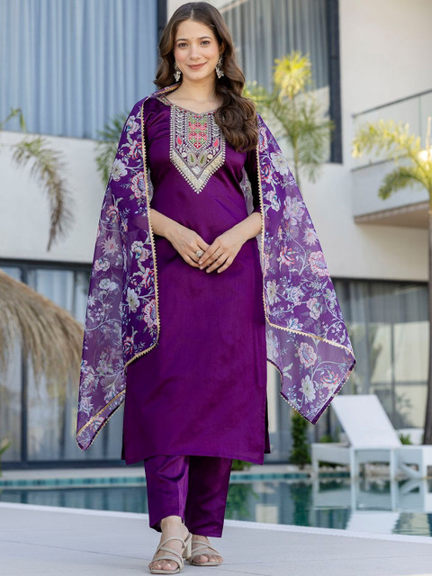 all about you Women Embroidered Regular Chanderi Cotton Kurta with Trousers & With Dupatta - Image 2