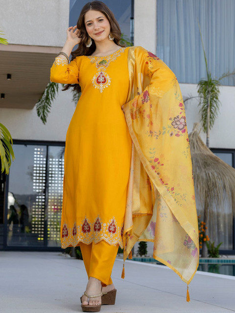 all about you Women Embroidered Regular Chanderi Silk Kurta with Trousers & With Dupatta - Image 3