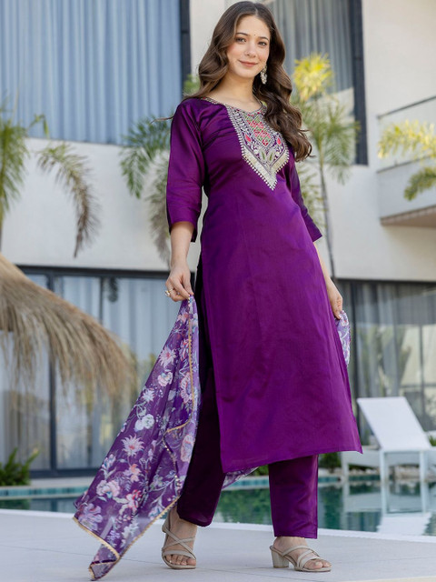 all about you Women Embroidered Regular Chanderi Cotton Kurta with Trousers & With Dupatta - Image 5