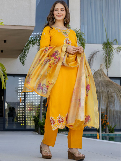 all about you Women Embroidered Regular Chanderi Silk Kurta with Trousers & With Dupatta - Image 7