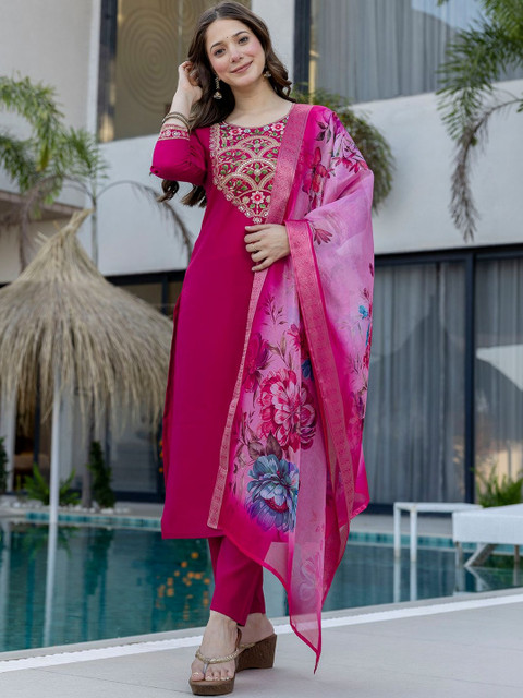 all about you Women Embroidered Regular Chanderi Silk Kurta with Trousers & With Dupatta - Image 2