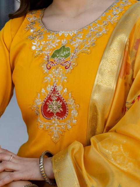 all about you Women Embroidered Regular Chanderi Silk Kurta with Trousers & With Dupatta - Image 4