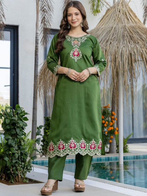 all about you Women Embroidered Regular Chanderi Silk Kurta with Trousers & With Dupatta - Image 5