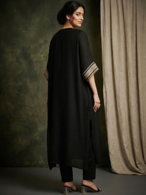 Sangria Embroidered V-Neck Kurta & Trousers - Image 3