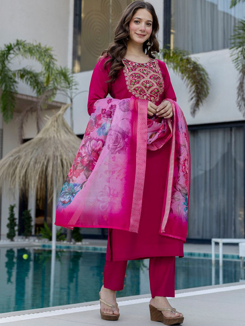 all about you Women Embroidered Regular Chanderi Silk Kurta with Trousers & With Dupatta - Image 3