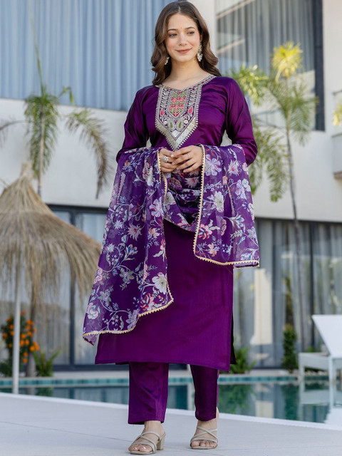 all about you Women Embroidered Regular Chanderi Cotton Kurta with Trousers & With Dupatta - Image 3