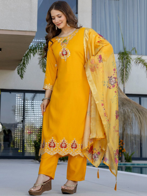 all about you Women Embroidered Regular Chanderi Silk Kurta with Trousers & With Dupatta - Image 2