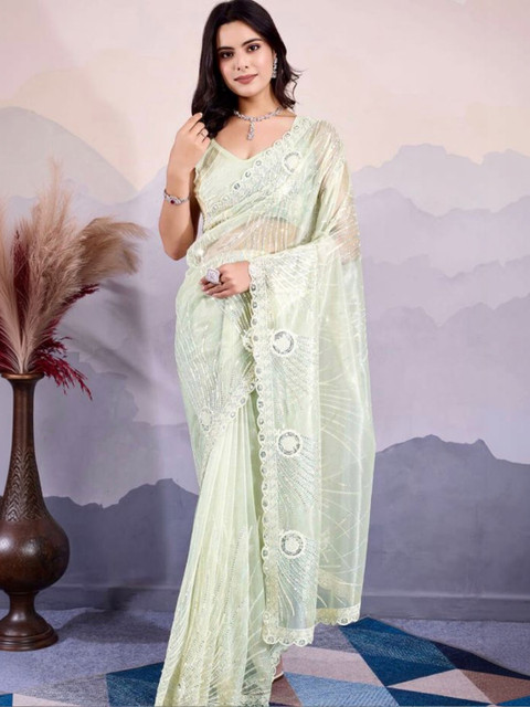 KRISHNAM TRENDS Embroidered Organza Unstitched Dress Material