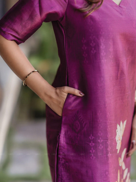 Sangria Women Wine Floral Printed Straight Silk Kurta & Dupatta - Image 5