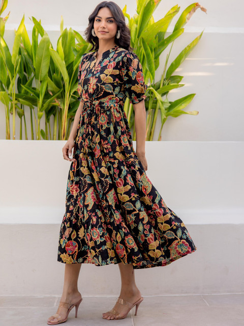 LABEL ADRIJA Floral Print Puff Sleeve Organic Cotton Fit & Flare Midi Dress