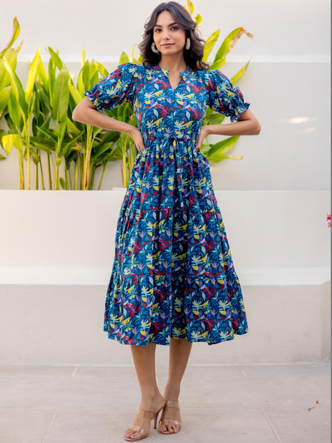 LABEL ADRIJA Floral Print Puff Sleeve Organic Cotton Fit & Flare Midi Dress - Image 4