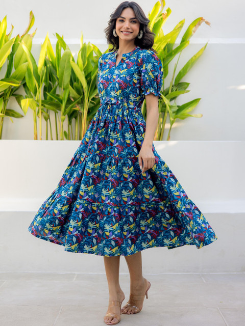 LABEL ADRIJA Floral Print Puff Sleeve Organic Cotton Fit & Flare Midi Dress - Image 7