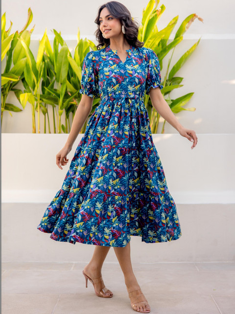 LABEL ADRIJA Floral Print Puff Sleeve Organic Cotton Fit & Flare Midi Dress