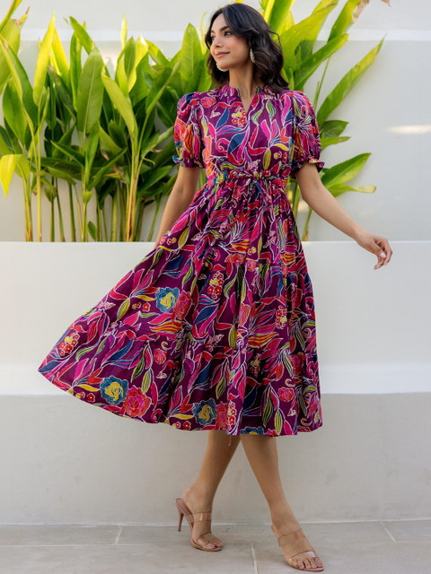 LABEL ADRIJA Pure Cotton Puff Sleeves Anarkali Midi Dress Women Dresses