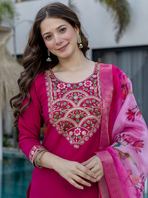 KAARVYA Women Floral Embroidered Regular Thread Work Chanderi Silk Kurta with Trousers & With Dupatta - Image 7