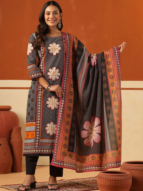 Indo Era Women Ethnic Motifs Printed Regular Pure Cotton Kurta with Trousers & With Dupatta - Image 4