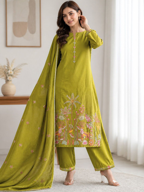 House of Pataudi Embroidered Round Neck Kurta & Trousers With Dupatta - Image 2