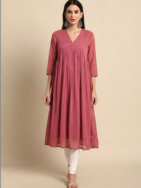 Janasya Dobby Self Design Empire Chiffon Kurta
