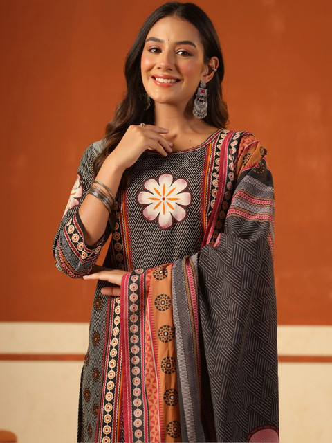 Indo Era Women Ethnic Motifs Printed Regular Pure Cotton Kurta with Trousers & With Dupatta - Image 3