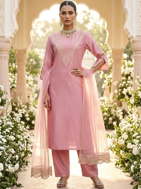 ZAMUNA Women Ethnic Motifs Embroidered Regular Thread Work Kurta with Trousers & With Dupatta - Image 6
