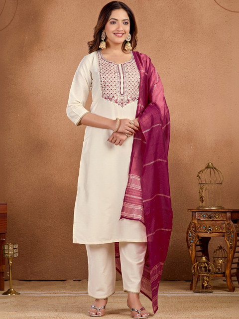 HERE&NOW Women Ethnic Motifs Embroidered Thread Work Kurta with Trousers & With Dupatta