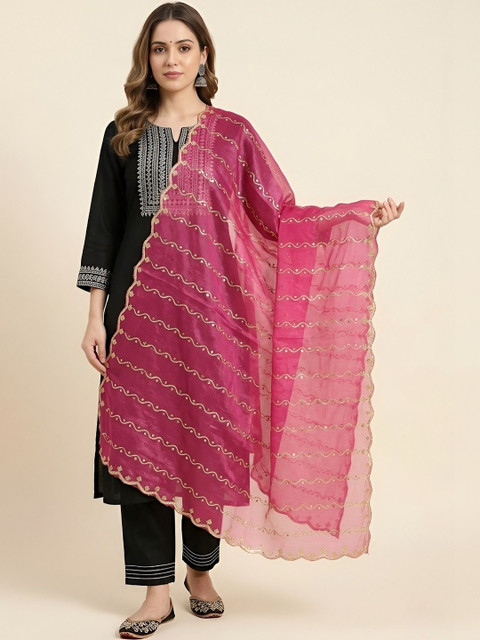 MUFFLY Ethnic Motifs Embroidered Dupatta with Sequinned