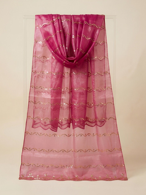 MUFFLY Ethnic Motifs Embroidered Dupatta with Sequinned - Image 3